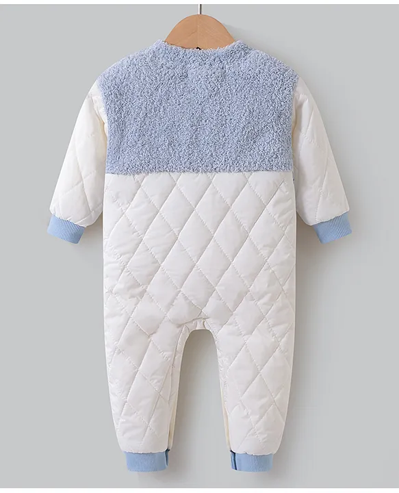 Kookie Kids Full Sleeves Front Open Winter Wear Fur Romper with Text Embroidery - Light Blue - Image 2