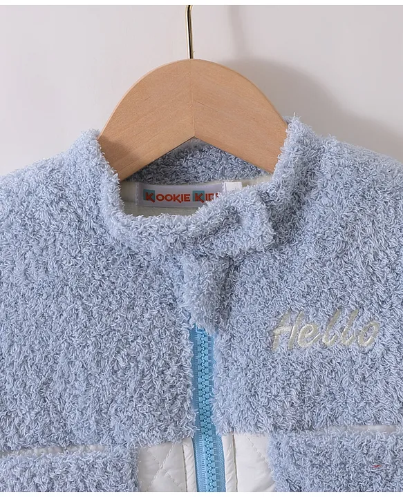 Kookie Kids Full Sleeves Front Open Winter Wear Fur Romper with Text Embroidery - Light Blue - Image 3