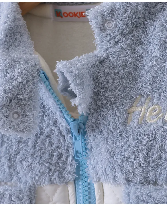 Kookie Kids Full Sleeves Front Open Winter Wear Fur Romper with Text Embroidery - Light Blue - Image 8
