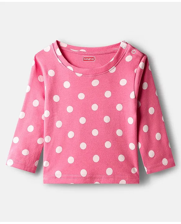 Babyhug Cotton Knit Full Sleeves Co-ords Night Suit with Polka Dot Print - Pink - Image 2