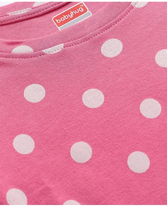 Babyhug Cotton Knit Full Sleeves Co-ords Night Suit with Polka Dot Print - Pink - Image 5