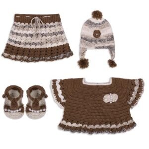 Handmade Crochet Knitted Brown Crop Frock Sweater Set with Skirt Cap Shoes for Baby Girls Wedding New Born Showers Photography 0-24 Months.