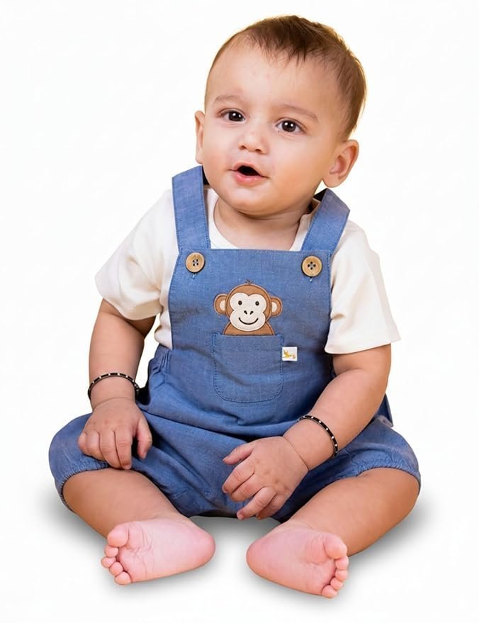 Baby Boy & Baby Girl T-Shirt with Denim Dungaree for Baby (0-3 Months) Half Sleeves Printed Denim Dungaree Set with T-Shirt, Perfect Casual Outfit for Baby Boy & Girl