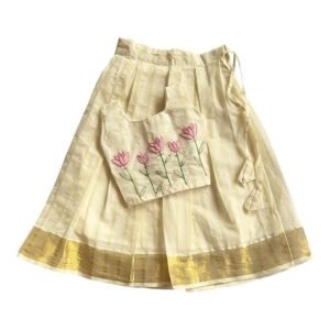 Picksparrow Baby Girl Pattu pavadai/Lehenga Choli/Hand-embroidered Traditional Ethnic Dress (LOTUS/ROSE/SUNFLOWER_STRIPES, Kasavu)