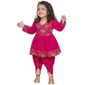 Pink full sleeves velvet V-Neck kurta and dupatta with solid dhoti | T-NGoldDH