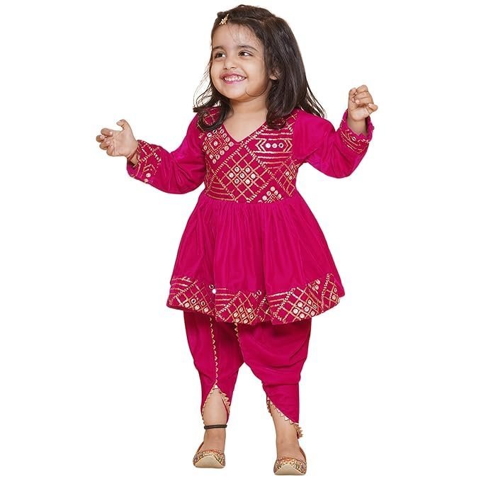 Pink full sleeves velvet V-Neck kurta and dupatta with solid dhoti | T-NGoldDH