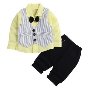 Hopscotch Boy's Cotton Striped Stripe Print Shirt Pant Set With Waistcoat