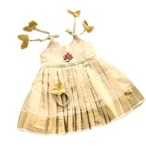 Picksparrow Newborn Baby Girl Ethnic Dress/Traditional Frock with Head Band (Kerala Kasavu, Hand- Embroidered)