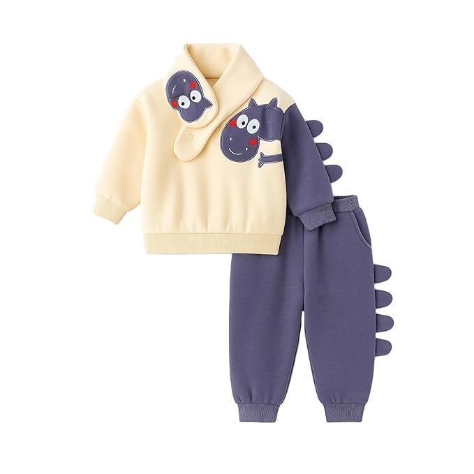 Bold N Elegant Kids Fleece Lined Winter Sweatshirt, Joggers & Muffler Set | Warm Dino & Panda Print Co-Ord Set for Boys & Girls Upto 6 Years
