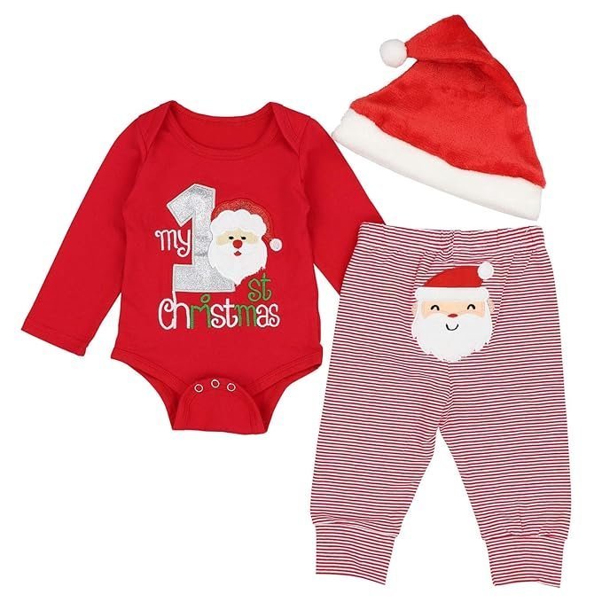 DONWEN Christmas Outfits Baby Boys My 1st Christmas Rompers Bodysuit Santa Claus Pants with Christmas Hat