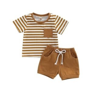 VISGOGO Baby Boy Summer Clothes Outfits Set Short Sleeve Striped T-Shirt Tops + Short Pants 6 12 18 24 Months 2T 3T
