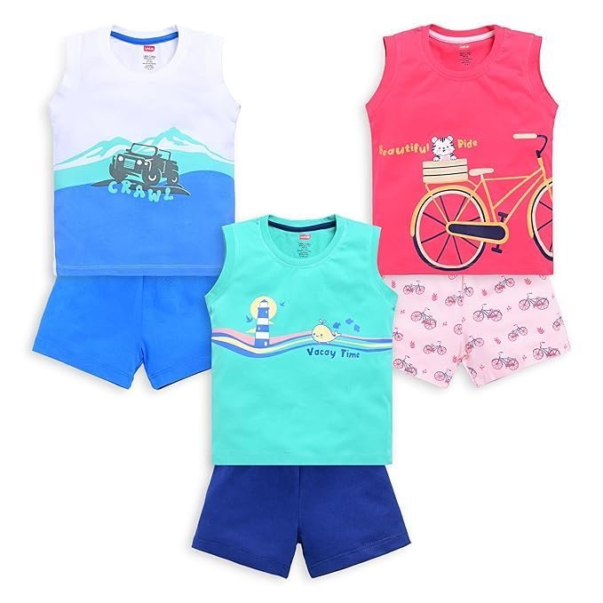 LuvLap Baby Boys Regular Fit 100% Cotton Sleeveless Boys T-Shirt & Shorts Sets Pack of 3