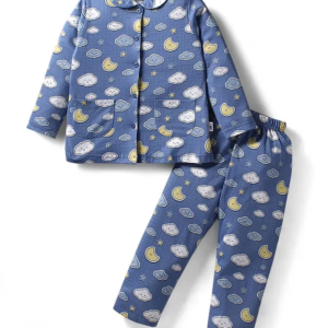 Teddy Sinker Knit Full Sleeves Co-ords Night Suit With Cloud Print - Blue