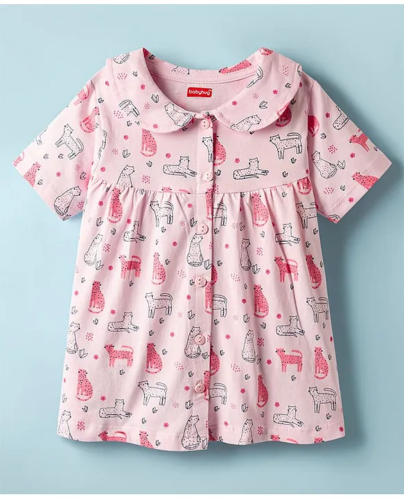 Babyhug Cotton Knit Half Sleeves Co-ords Night Suit With Animal Print - Pink - Image 2