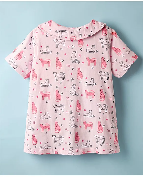 Babyhug Cotton Knit Half Sleeves Co-ords Night Suit With Animal Print - Pink - Image 3