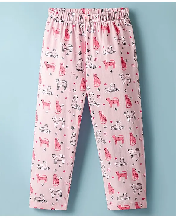 Babyhug Cotton Knit Half Sleeves Co-ords Night Suit With Animal Print - Pink - Image 4