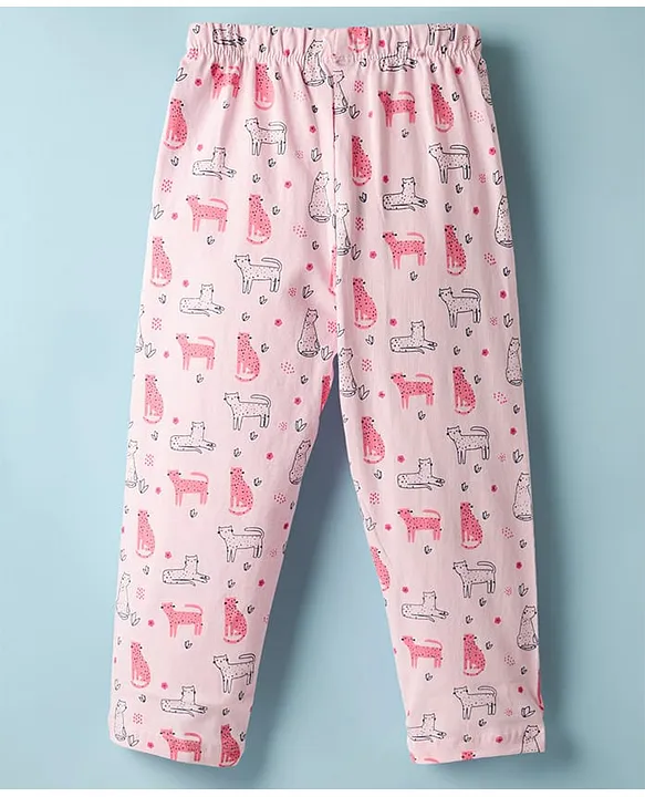 Babyhug Cotton Knit Half Sleeves Co-ords Night Suit With Animal Print - Pink - Image 5