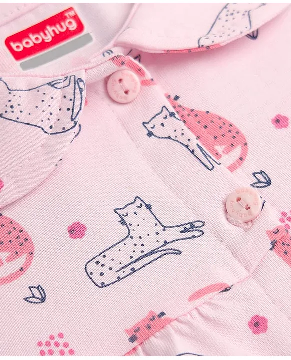 Babyhug Cotton Knit Half Sleeves Co-ords Night Suit With Animal Print - Pink - Image 6